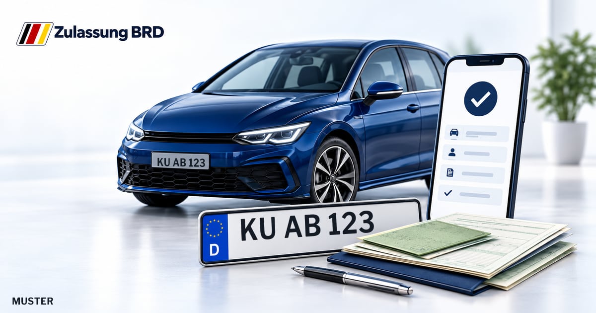 Online Fahrzeugzulassung in Landkreis Kulmbach: Musterkennzeichen KU AB 123, Auto und Fahrzeugpapiere und Smartphone. Illustration mit Logo von Zulassung BRD.